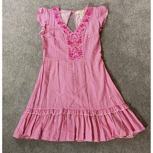 Pink Gingham Jessica Simpson Dress Embroidered Details & Ruffled Hem Medium